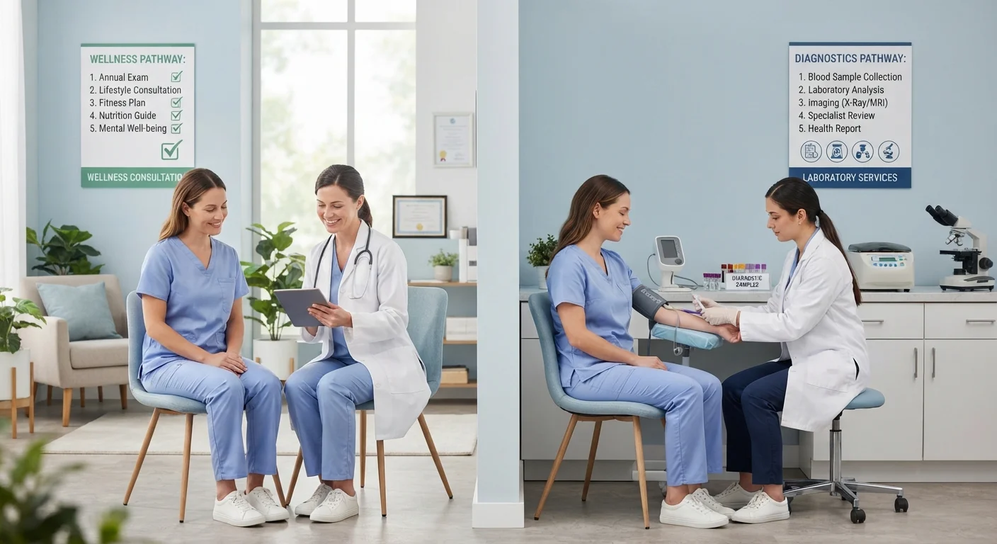Split image contrasting a routine health screening checklist with diagnostic laboratory testing equipment.